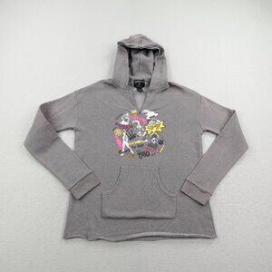 Stussy Hoodie Womens Medium Gray Sweatshirt Pullover Split Neck Raw Hem Fleece